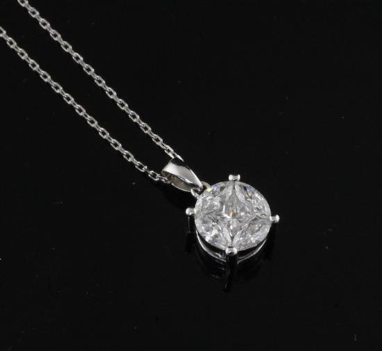 An 18ct gold, marquise and princess cut diamond set cluster pendant, on a 9ct white gold fine link chain, chain 17in.